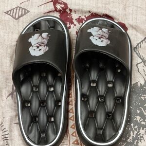 Black Women's Slide Sandals with Puppy Graphic
